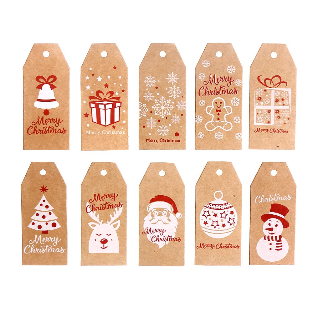 LOKIPA 100Pieces 10 Styles Christmas Kraft Present Gift Tags Hang Labels with 100 Feet Cotton String and 100 Feet Natural Jute String (Brown)