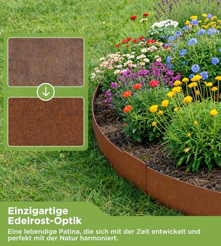 Rasenkante aus Cortenstahl 10m x 15cm, Metall Beeteinfassung, Beetumrandung | 0,6 mm dick, Cortenstahl Rasenkante, Ideal als Mähkante, Beetbegrenzung oder Pflanzring, Inkl. Handschuhe und Metallverbinder