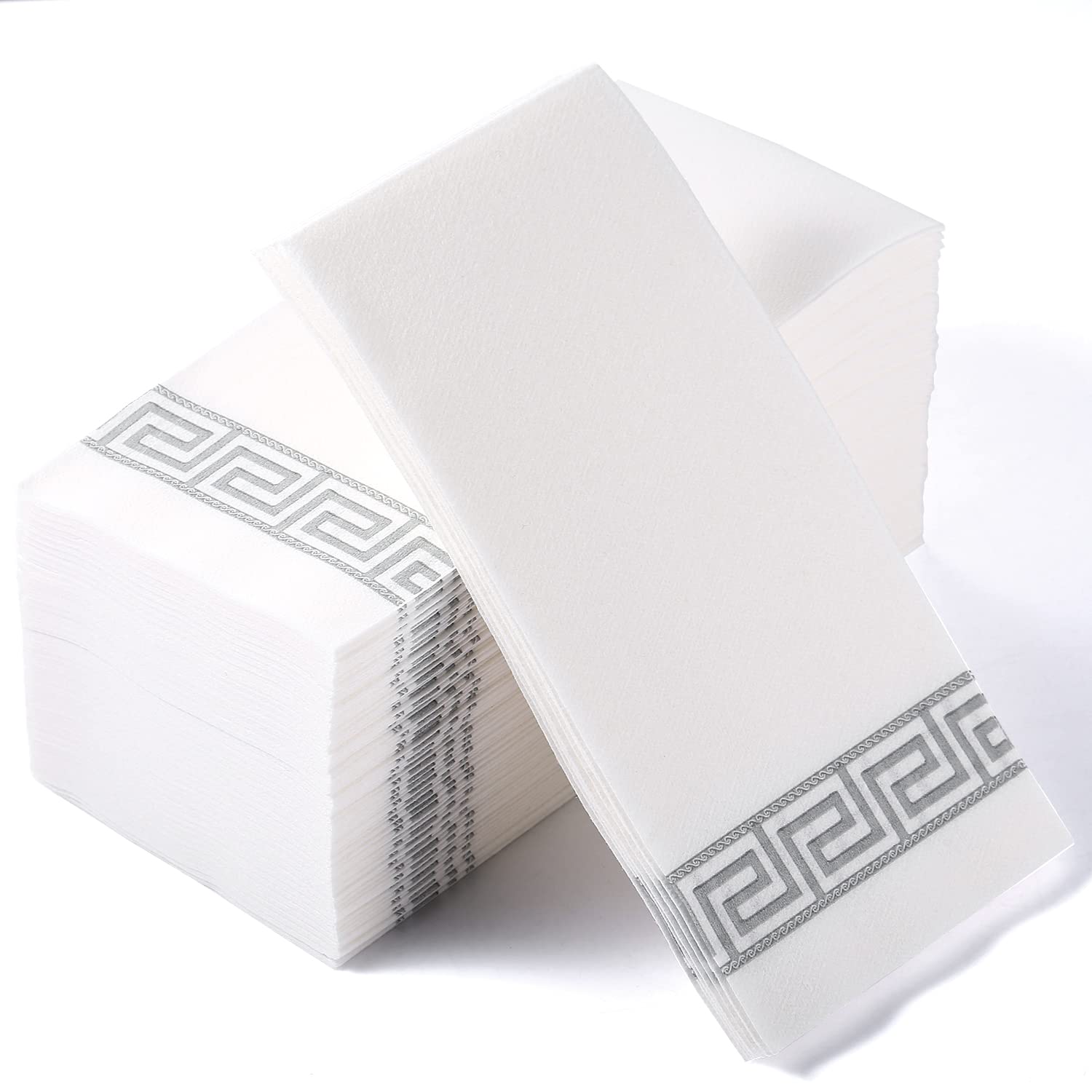 MORGIANA 100 PCS Linen Feel Disposable Paper Napkins 43 * 30 CM Classic Napkins Silver and White Paper Napkin Guest Towels for Party Wedding Anniversary Dinners or Events