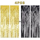 NPLUX 4PCS 3' X 8' Black and Gold Metallic Tinsel Foil Fringe Curtain for Wedding Birthday Christmas Party Decoration Backdrop