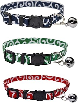 Amazon Thain 猫首輪 唐草 首輪 唐草 犬 セーフティバックル付 可愛い 首輪 猫 シュシュカラー唐草 安全 和風 おしゃれ 鈴付 ペット首輪 3点入り グリーン レッド ネイビー Thain ペット用品 通販