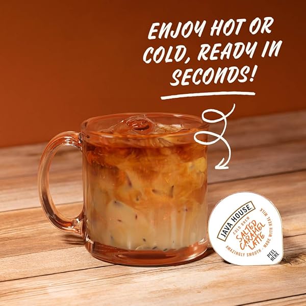 JAVA HOUSE SALTED CARAMEL LATTE COLD BREW COFFEE PODS, (12 COUNT) PEEL AND POUR PODS HOT OR ICED