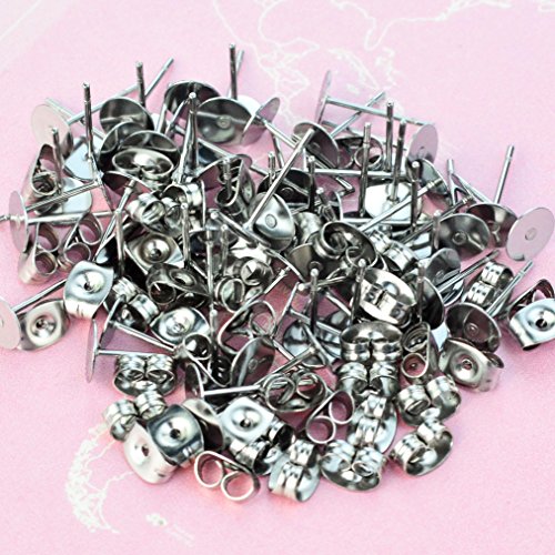 baotongle Stainless Steel Earrings Posts Flat Pad (2 Size) with 100 Pairs Earring Backs for Earring Making Findings, Total 200 Pieces