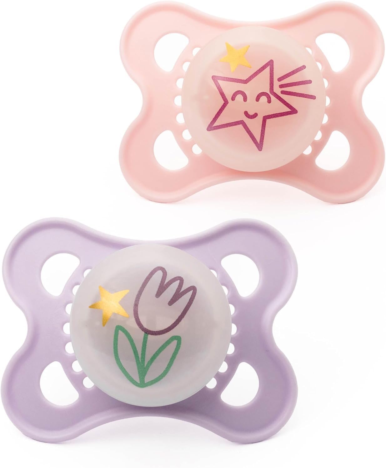 MAM Original Night Soothers | 0-6 Months | 2 Pack | Glow in the Dark | Comes in Dummy Steriliser Case | Sustainable Materials | Baby Accessories | Pink/Lilac(Various Designs)