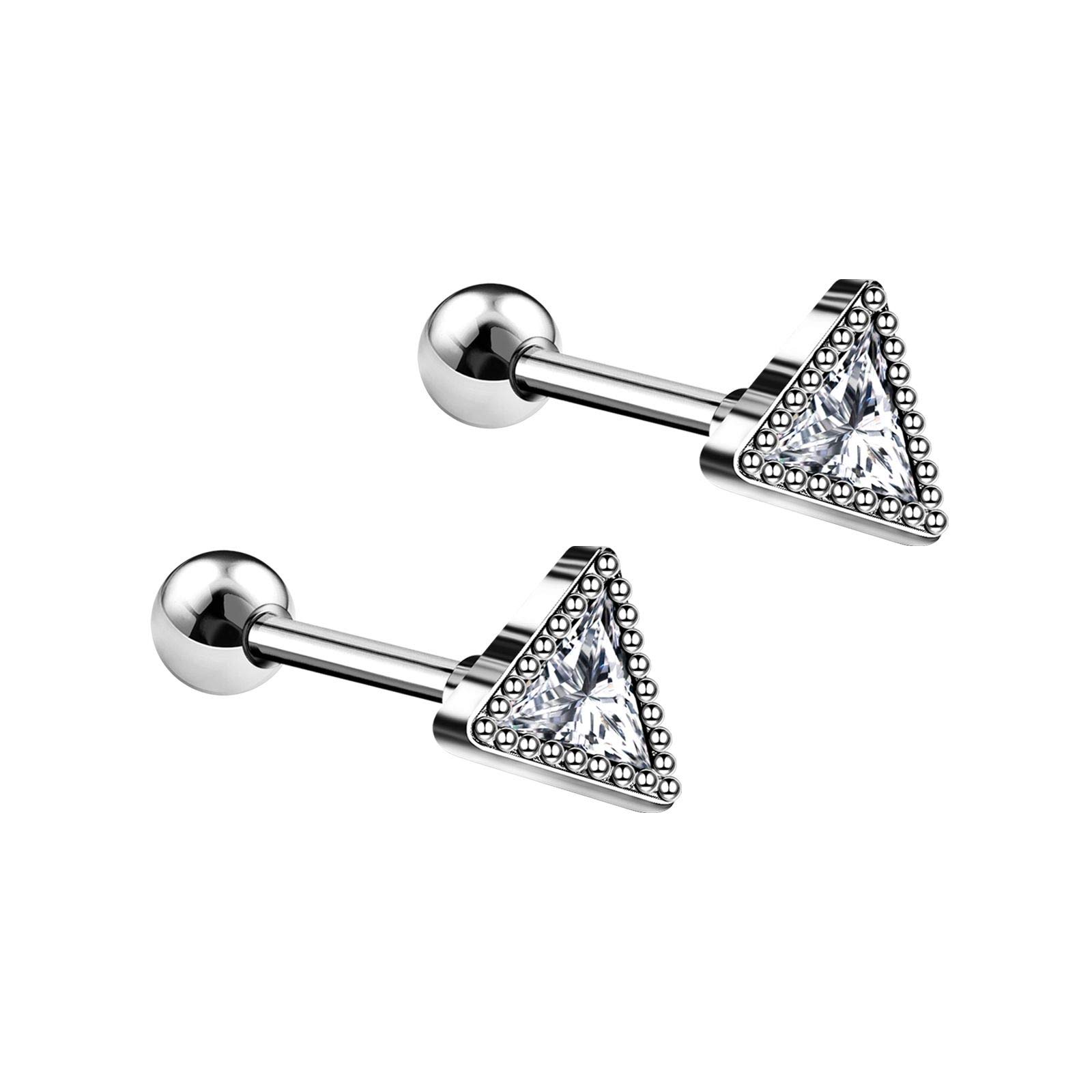 2PCS Surgical Steel Dotted Triangle Clear CZ Stone 16g 1/4 6mm Barbell Tragus Cartilage Helix Earring Piercing Jewellery 5595