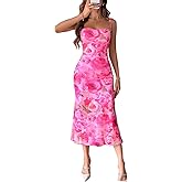 GORGLITTER Women's Floral Wedding Guest Midi Sun Dress Summer Boho Cocktail Beach Going Out Fishtail Bodycon Sundresses