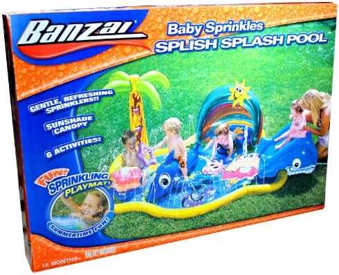 Banzai Baby Sprinkles Series Inflatable Swimming Pool - SPLISH SPLASH POOL with Rainbow Canopy, Removable Whale Slide, Water Spraying Starfish Stacker with 4 Inflatable Starfish Stacker, Baby Dolphin Rider, Clamshell Sprinkler and 1 Repair Patch (Pool Dimension: 91" L x 72" W x 27" H)