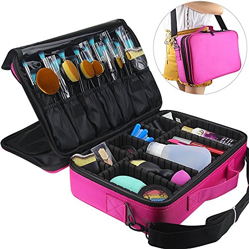 MLMSY Makeup Train Case 3 Layers Cosmetic Organizer Beauty Artist Storage Brush Holder Makeup Artist Art Organizer with Shoulder Strap, 14"9"5" Red