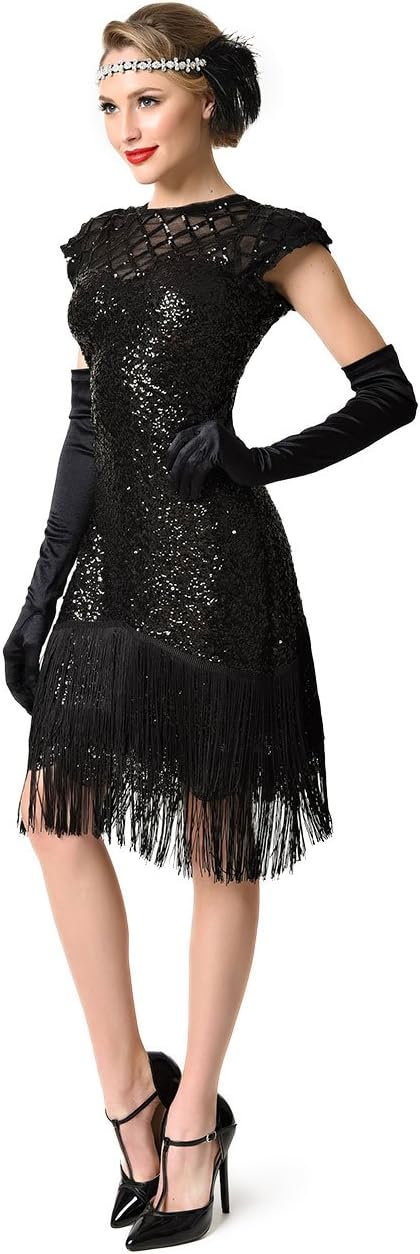 Unique Vintage 1920s Black Sequin Fringe Del Mar Flapper Dress
