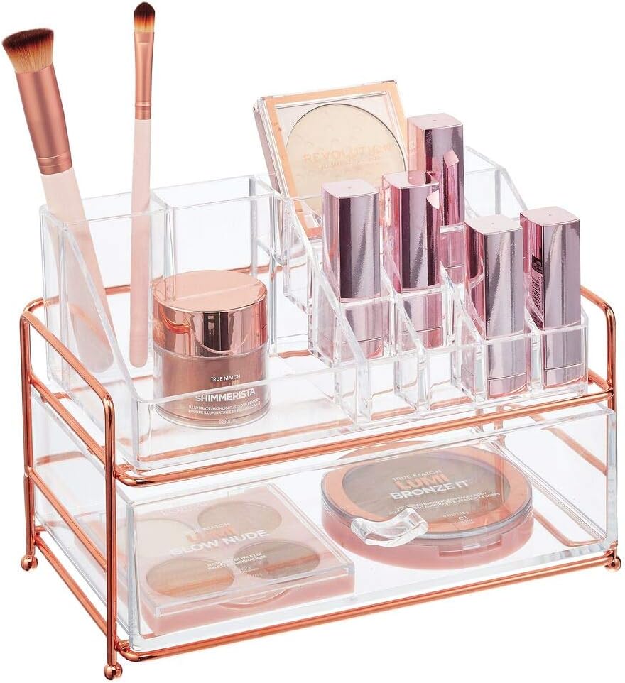 mDesign Plastic Cosmetic Organizer Storage Station Cube with 1 Drawer and 16 Divided Sections for Bathroom, Cabinet, Countertops - Holds Eye Shadow Palettes, Brushes, Blush, Mascara - Rose Gold/Clear