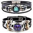 2Pcs Multilayer Constellation Zodiac Leather Bracelet for Women Men Handmade Woven Zodiac Sign Wrap Wristband Bracelet Couple BFF Birthday Jewelry