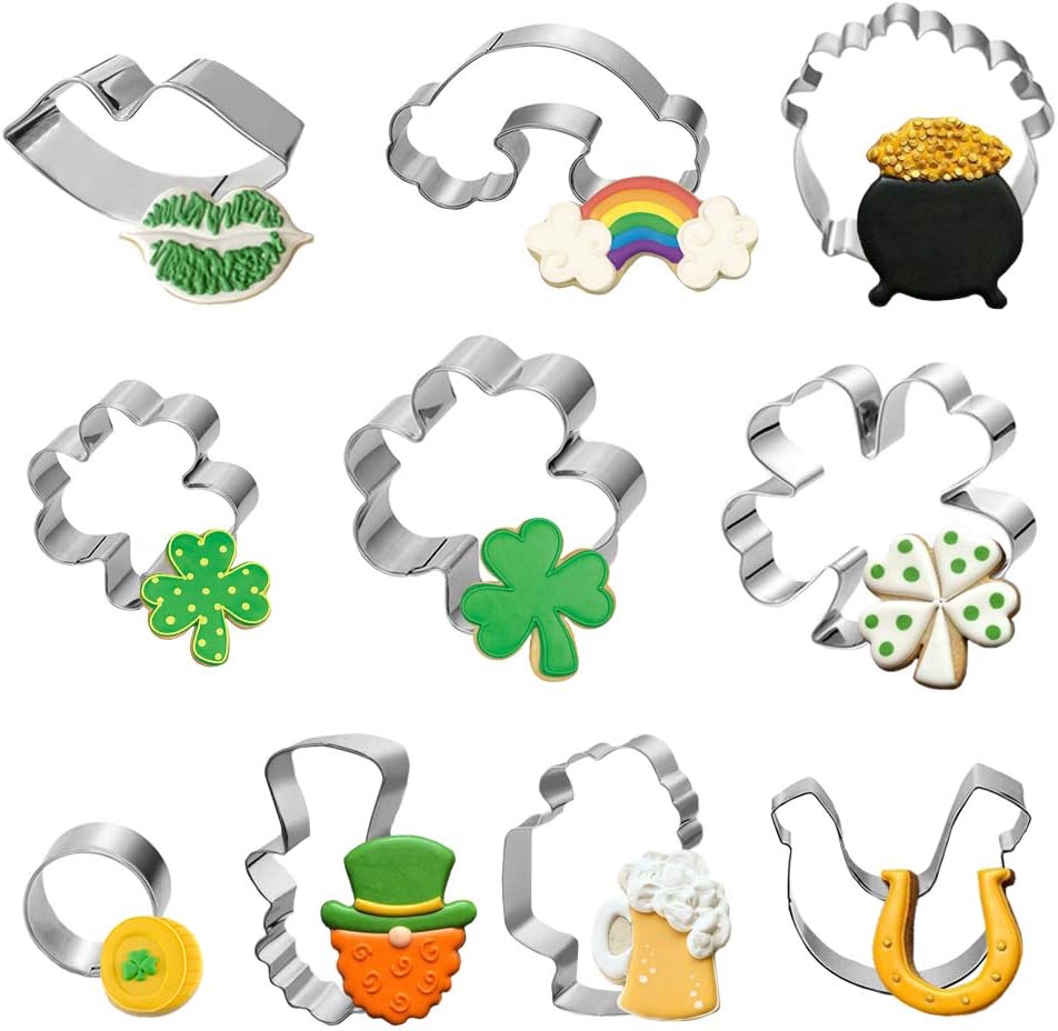 10 Pieces St.Patrick's Day Cookie Cutters Set Stainless Steel, For Baking Decorative Food St. Patrick's Day Irish Party Supplies