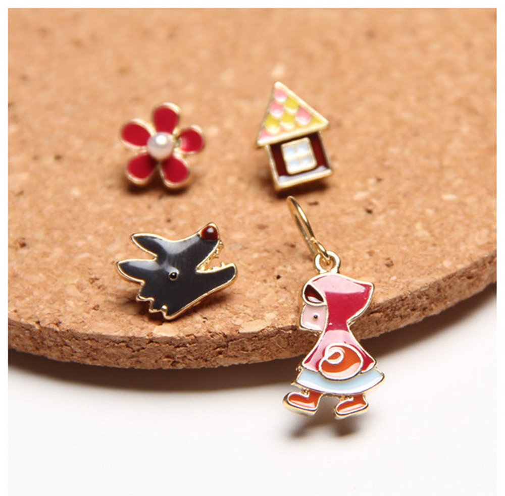 Nuwastone women\'s Flower & House & Little Red Riding Hood & Wolf Earring Set (Little Red Riding Hood)