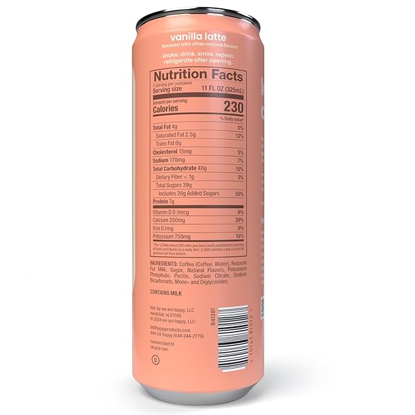 HAPPY COFFEE CANNED VANILLA LATTE, 11 OZ. CANS, 12 PACK, NOTES OF MARSHMALLOW & COMFORT, 100% ARABICA BEANS, NO ARTIFICIAL FLAVORS OR SWEETENERS