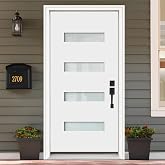 Fiberglass Exterior Front Door 36x80in, Left-Hand Inswing 4-Lite Frosted Glass White Primed Knock-Down French Entry Door with Vinyl Frame and Brickmould