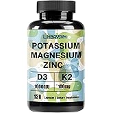 Potassium Magnesium Supplement,Potassium Magnesium Zinc with Vitamin D3 &K2,High Strength Electrolyte Balance,Support Energy,Vegan,Non-GMO,120 Veg Capsules(Pack of 1)