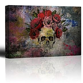 Human Skull with Roses Flowers Over Colorful Splattered Paint - Abstract Giclee Print Canvas Wall Art Home Art - 16x24 inches