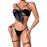 Kaei&Shi Satin Bow Lingerie for Women,Strappy Unwrap Present Lingeries,Sexy Bra and Panty Sets Birthday Christmas Valentines