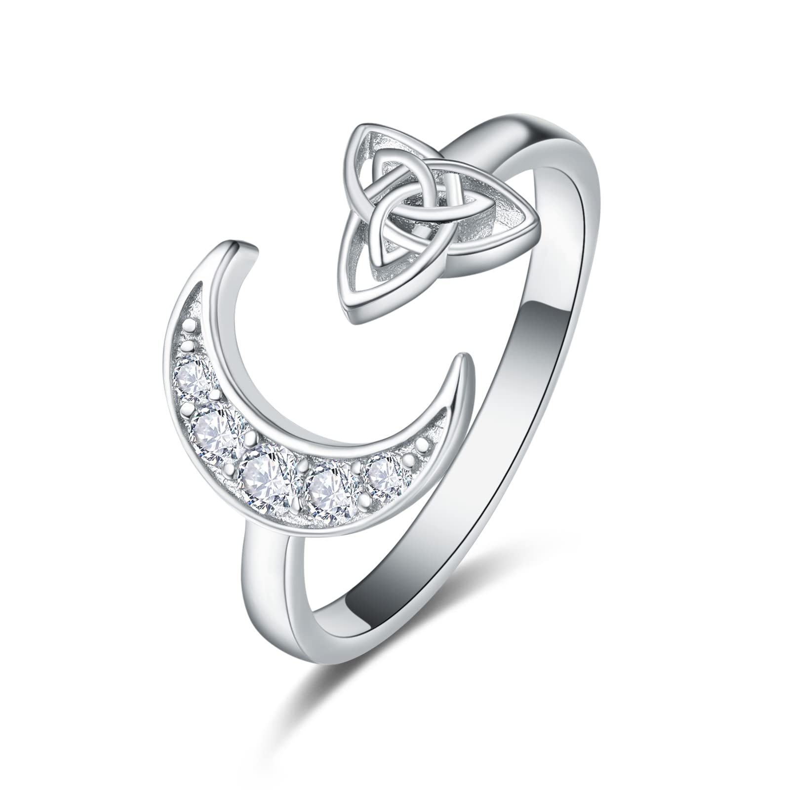 praymos Moon Ring 925 Sterling Silver Celtic Knot Ring Crescent Moon Ring Adjustable Open Finger Rings Jewellery Gifts for Women Girls