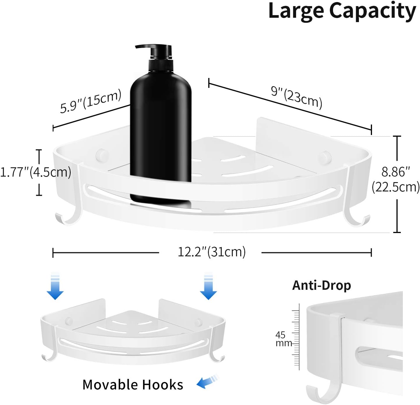 AK KYC Shower Corner Shelf Shower Caddy Wall Mounted Bathroom Shelves-Strong Adhesive (No Drilling) in 2 Pack with 4 Removable Hooks Rustproof Aluminum Basket Organizer Hanging Storage kitchen-White - - 