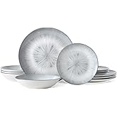 Bestone Porcelain Dinnerware Sets Service for 4, 12 pcs Hand drawn Plates and Bowls Sets, Handmade Ceramic Dish Set, Chip Resistant Modern Plate Set, Dishwasher/Microwave Safe,Gray