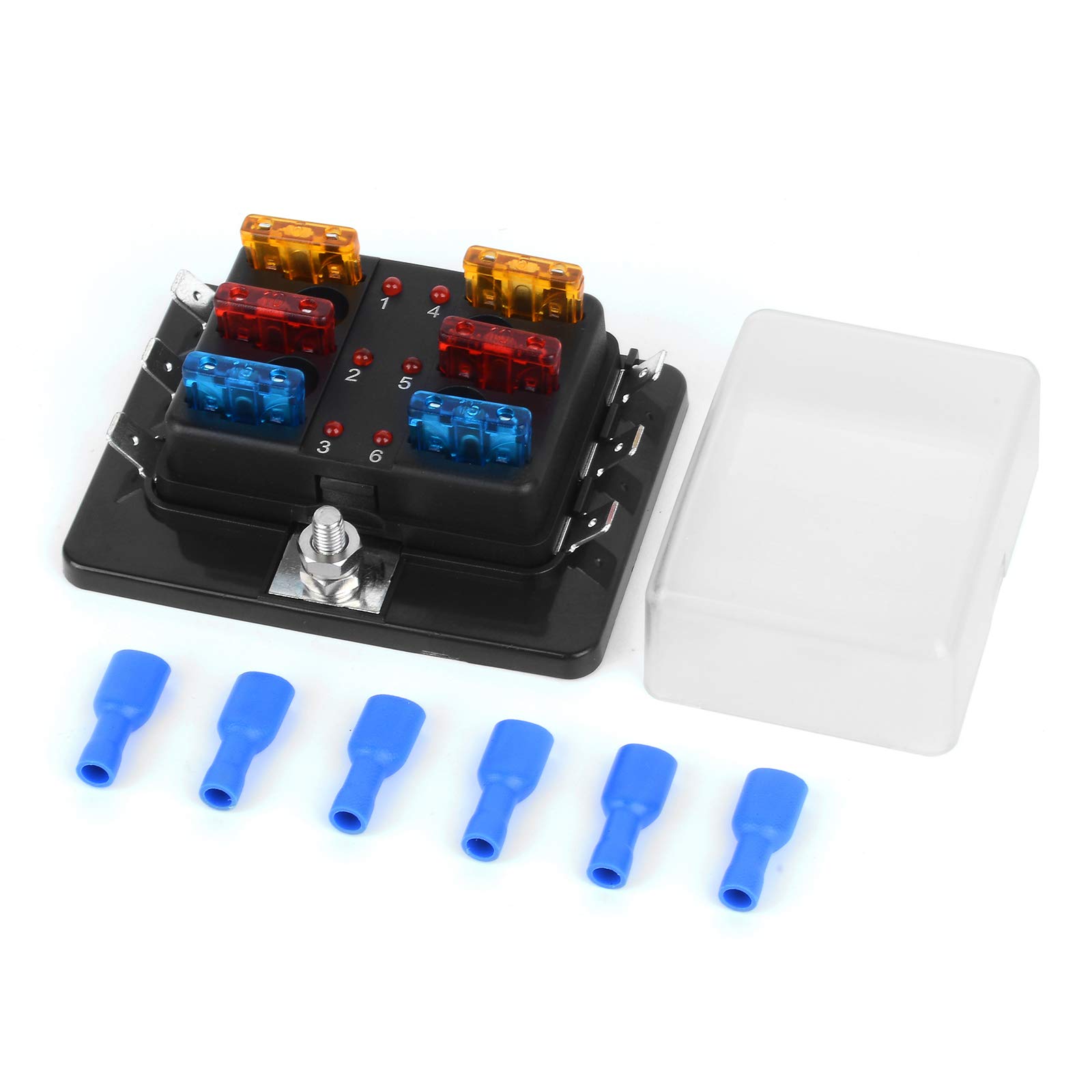 Jtron, 6-way Blade Fuse Holder, 12V, ATO/ATC Fuse, 5A, 10A, 15A, LED Display, Stainless Steel, for Car, Boat, Marine Truck