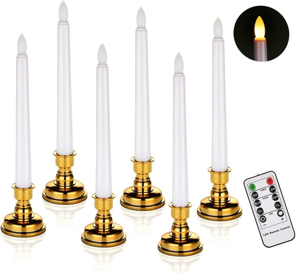 Window Candles Battery Operated Flameless Flickering Taper LED Candle Detachable Gold Base Remote Control Timer(6 Candles + Base)