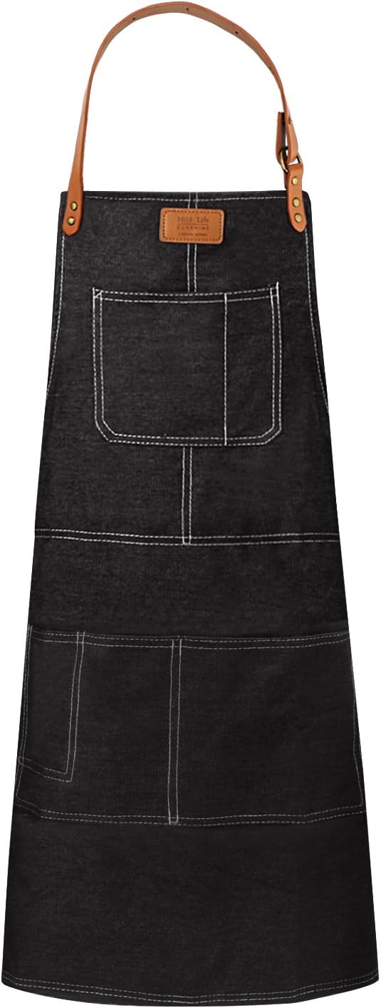 Facmogu Denim Apron for Chef, Kitchen, BBQ, and Grill with Towel Loop + Tool Pockets + Quick Release Buckle, Adjustable (Black)
