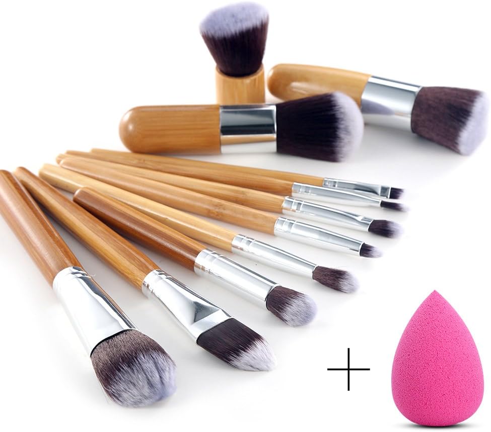 Luvin 11 Pcs Bamboo Handle Makeup Eyeshadow Blush Concealer Brush Set With Blender Makeup Sponges