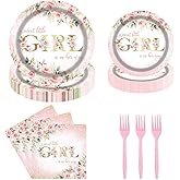 Tcoyodw Girl Baby Shower Party Tableware Set 96 Pcs Pink Floral Sweet Baby Disposable Plates Napkins Forks A Sweet Little Girl is on Her Way Party Supplies for Girls Serve 24 Guests