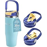 Winscj 32 oz Tumbler with Handle and Flip Straw,Keep Cold or Hot,Fits in Cup Holder,Reusable Leak Proof Stainless Steel Vacuum Water Bottle,Suitable for Home Gym Trave, Easy to Carry (Cyan Blue)