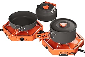 Cofiyard Propane 2 Burner Camping Stove with Camping Cookware, Outdoor Folding Propane Gas Stove, Camp Portable Stove and Camping Cooking Set, With 17,000 Total BTUs for BBQ, Tailgating, Camping