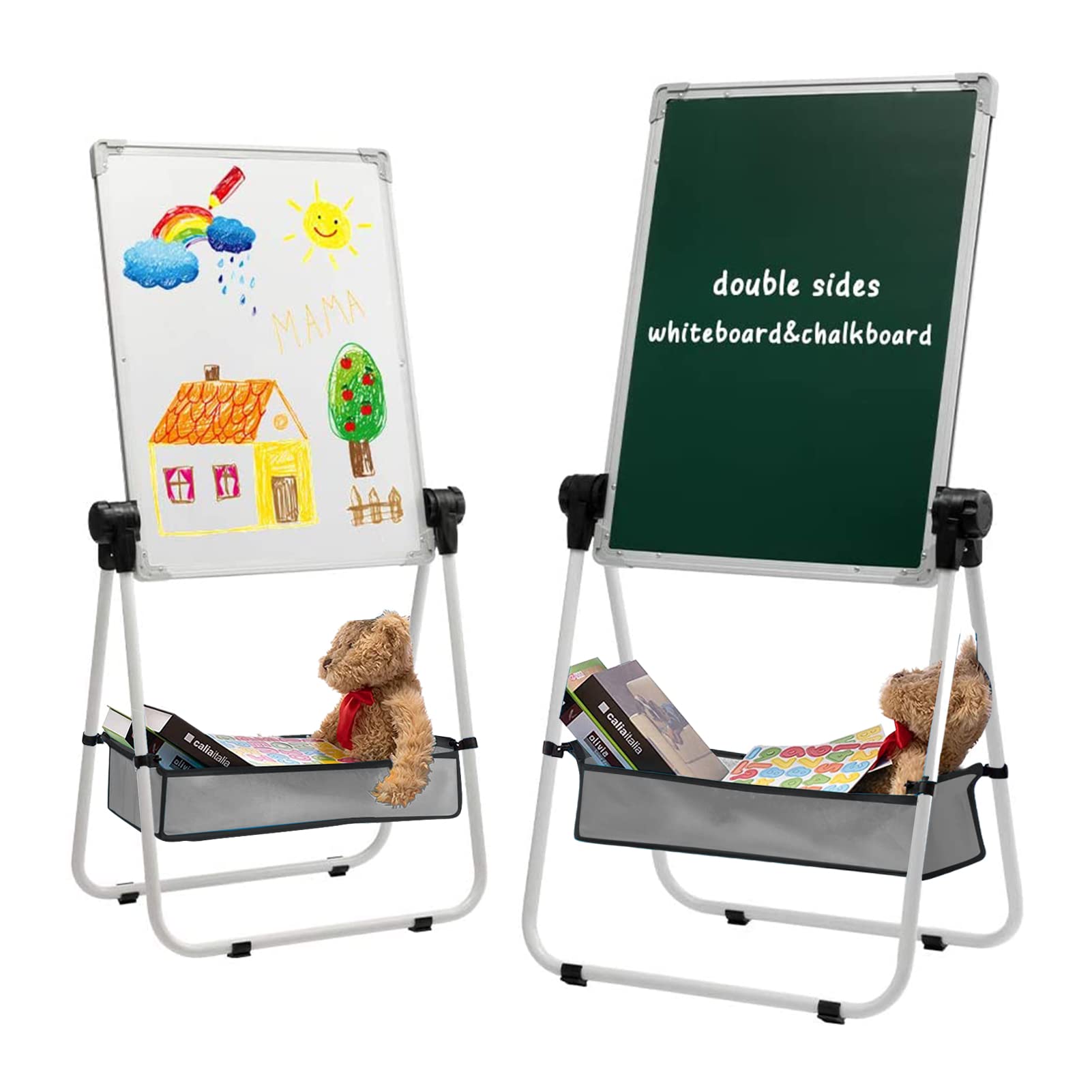 DOEWORKS Kids Easel Magnetic Whiteboard Easel for Kids, Double Sides Whiteboard & Chalkboard U-Stand Writing Drawing Board, Height Adjustable & 360°Rotation, White