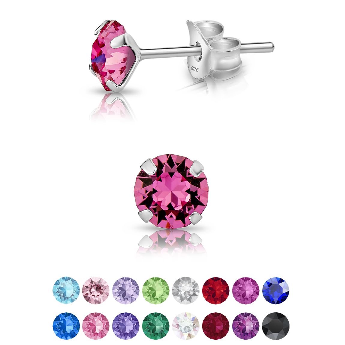 925 Sterling Silver Round SMALL Stud Earrings made with Glittering Crystals - Silver Studs Earrings for Woman - Diameter: 5 mm - Colour : Rose