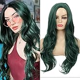 Dai Cloud Drak Green Wig Long Curly Wavy for Women Side Part Pine Green Synthetic Natural Looking Halloween Party Cosplay Wigs