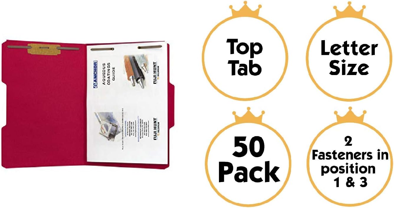 The File King Red File Folder with 2" Fasteners | Letter Size - Box of 50 | Two Durable Prongs | 1/3 Cut Top Tab | Position 1 & 3 | Organize Paperwork, Reports and Legal Files : Office Products