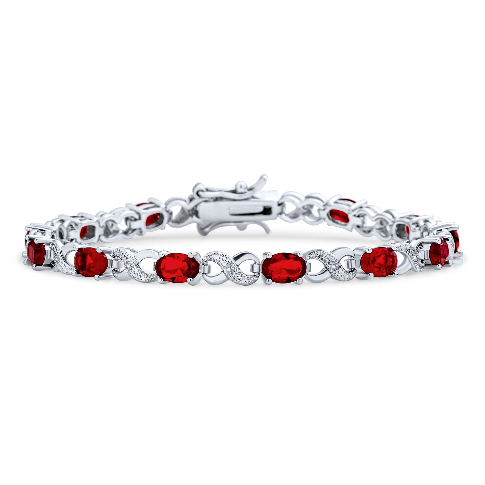 Bling Jewelry Simulated Ruby Cubic Zirconia Red AAA Oval CZ Romantic Love Knot Symbol Infinity Milgrain Tennis Bracelet For Women Silver Plated — image 1