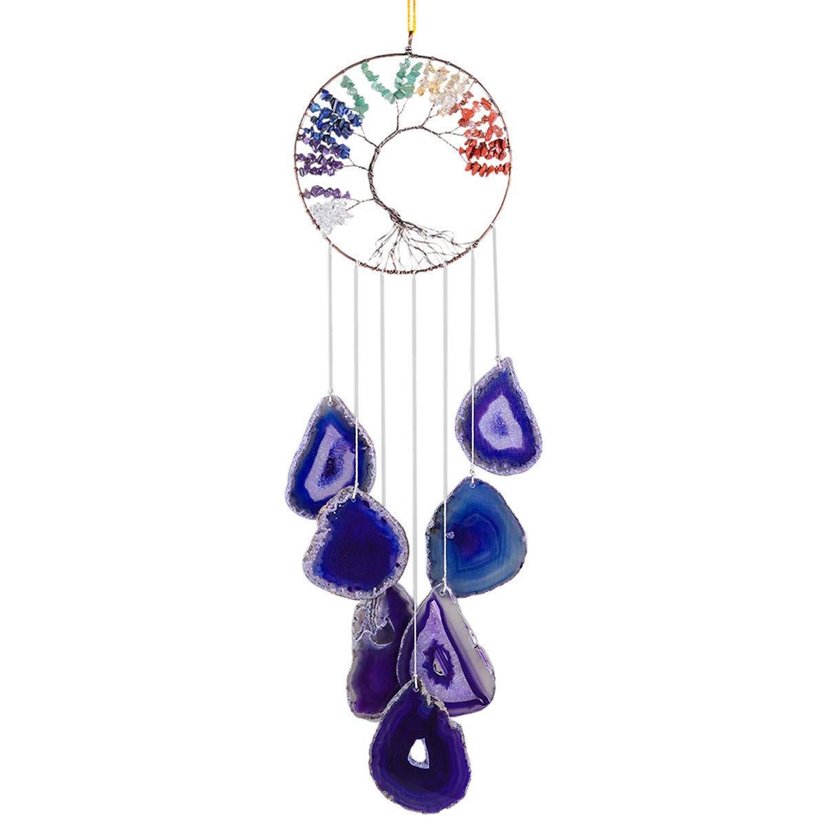 KYEYGWO 7 Chakra Healing Crystal Wall Hanging Ornament Handmade Tree of life with Purple Agate Slice Wind Chime for Window Home Wedding Souvenir Decoration