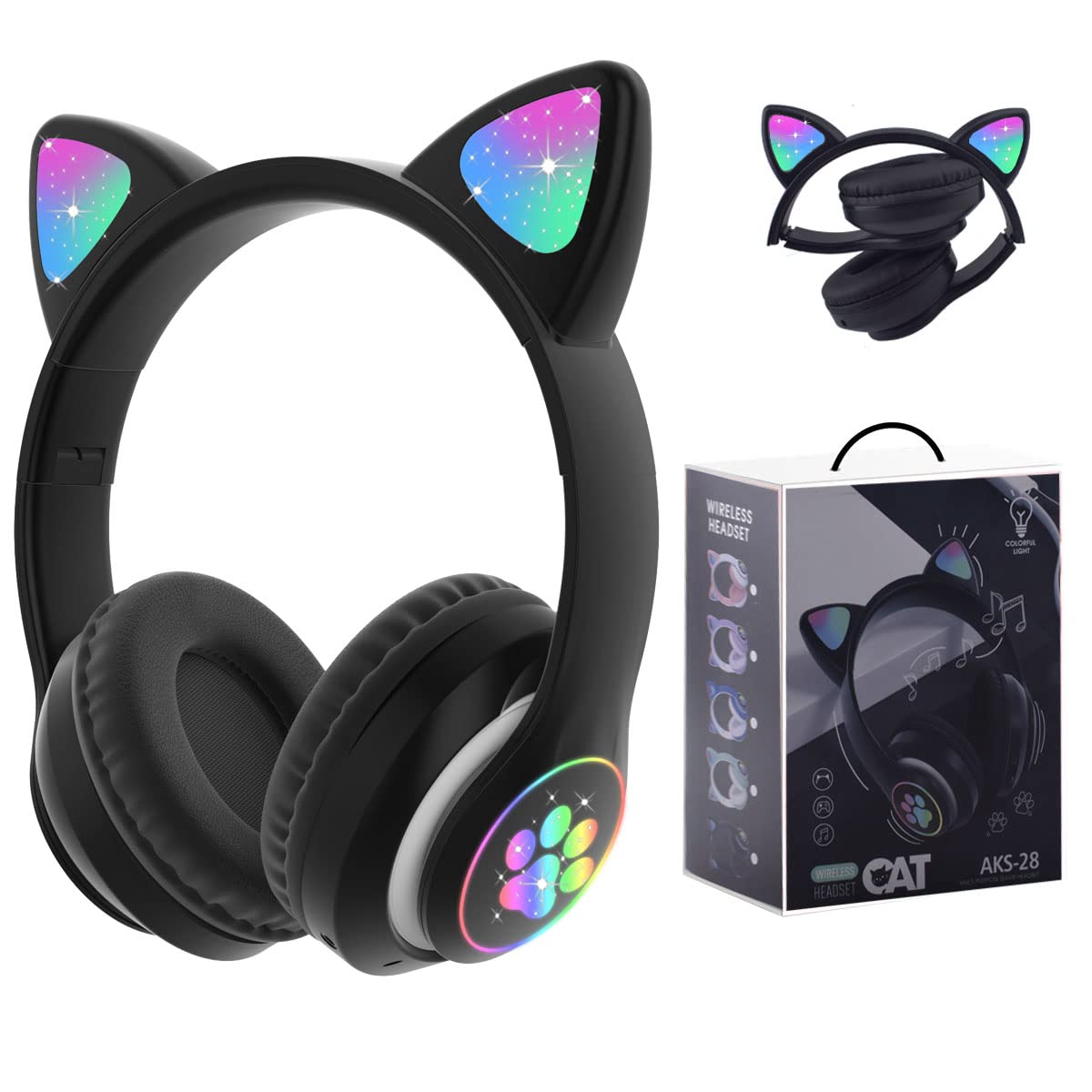 Megadream Wireless Headphones for Kids, Cat Ear Foldable Bluetooth Earphones Flashing LED Light Up Over Ear Headset with Microphone for iPhone/iPad/Tablet, for Girls Boys Gift Age 8+ (Black) — image 1