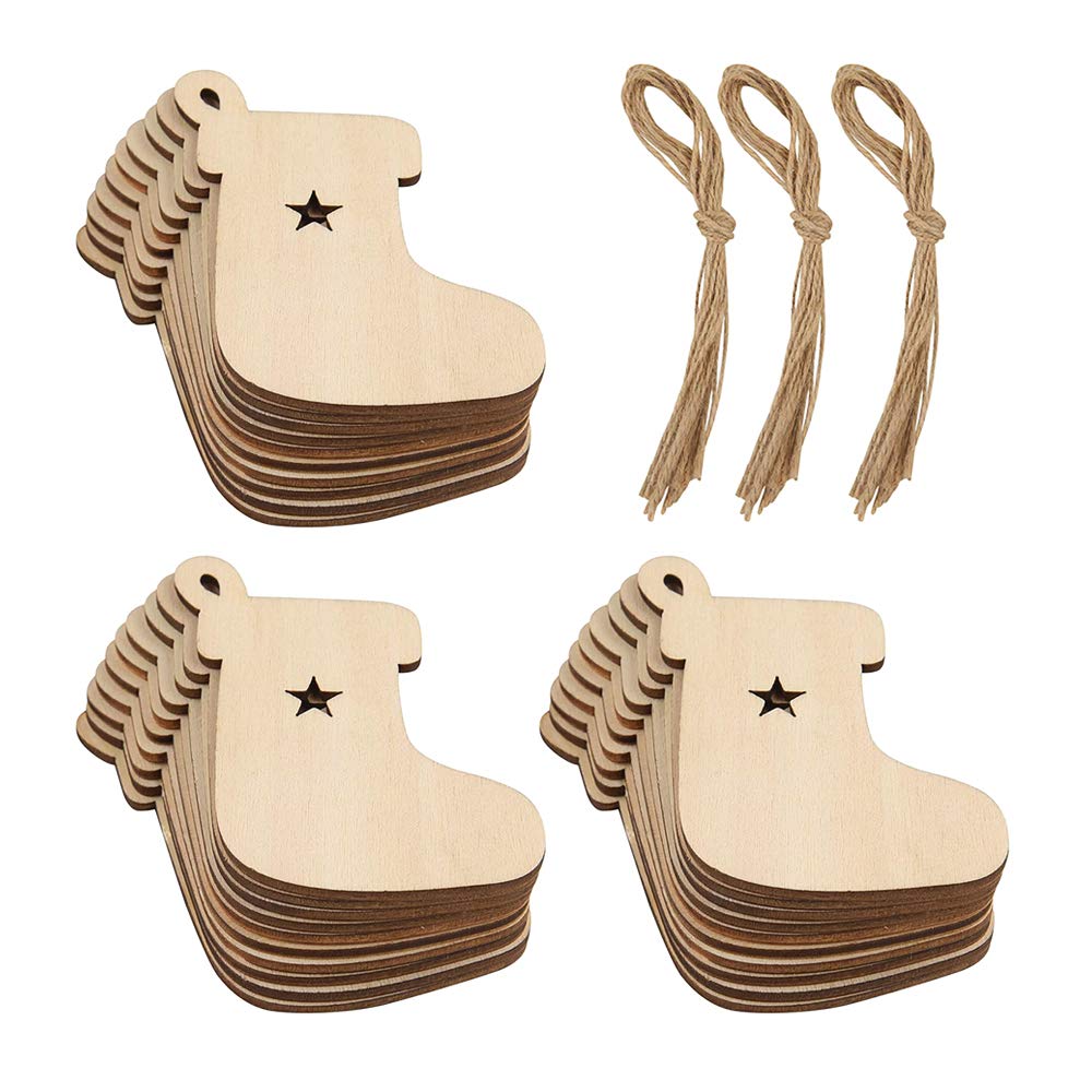 30 PCS Wooden Christmas Tree Hanging Ornaments Stockings Hanging Decorations Wood Chips for DIY Crafts Christmas Tree Decorations
