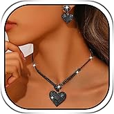JAKAWIN Black Heart Jewelry Set Rhinestone Formal Necklace Earrings Set for Women