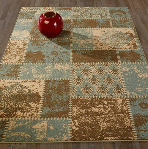 Diagona Designs Contemporary Patchwork Design Non-Slip Kitchen / Bathroom / Living Room Area Rug, 5'0" W x 6'6" L, Beige / Brown / Teal