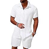 DEEX Men's Summer Beach Outfits 2 Piece Short Sleeve Shirts and Shorts Texture Vacation Sets for Men 2025