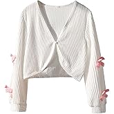 OYOANGLE Girl's Button Up Bow Cardigan Sweater Long Sleeve Ribbed Lightweight Cropped Cardigans Outerwear