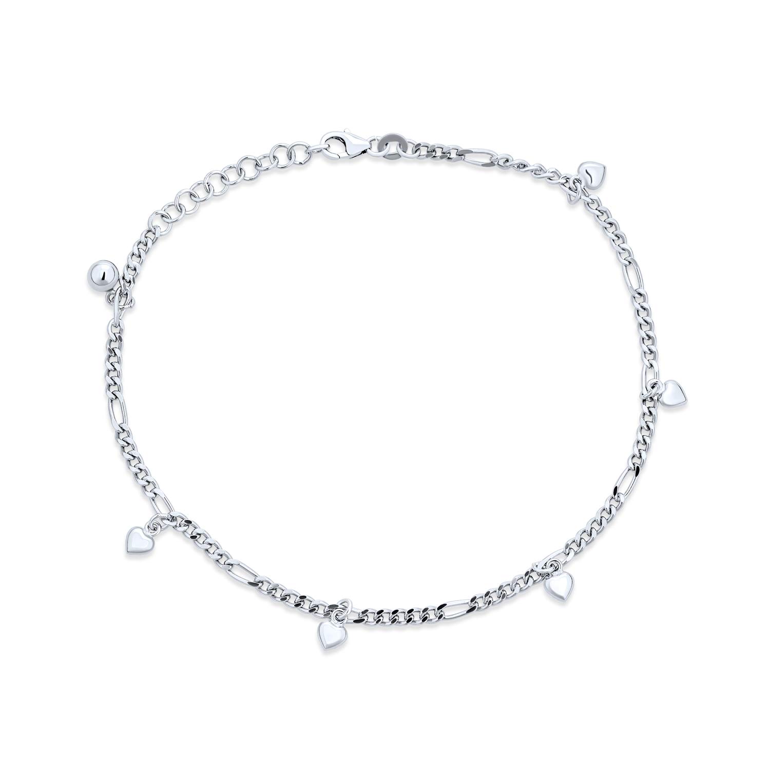 Bling Jewelry Multi Heart Dangle Charms Anklet Ankle Bracelet For Women Teens .925 Sterling Silver Figaro Chain Adjustable 9 To 9.5 Inch