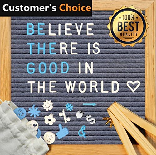 TEMPORARY LOW PRICE - Changeable Felt Letter Board Set - Oak Gray 10x10 Inches - Includes 340 Plastic Letters, Punctuations & Emojis in White & Blue - Free Stand, Canvas Bag, Wall Hook