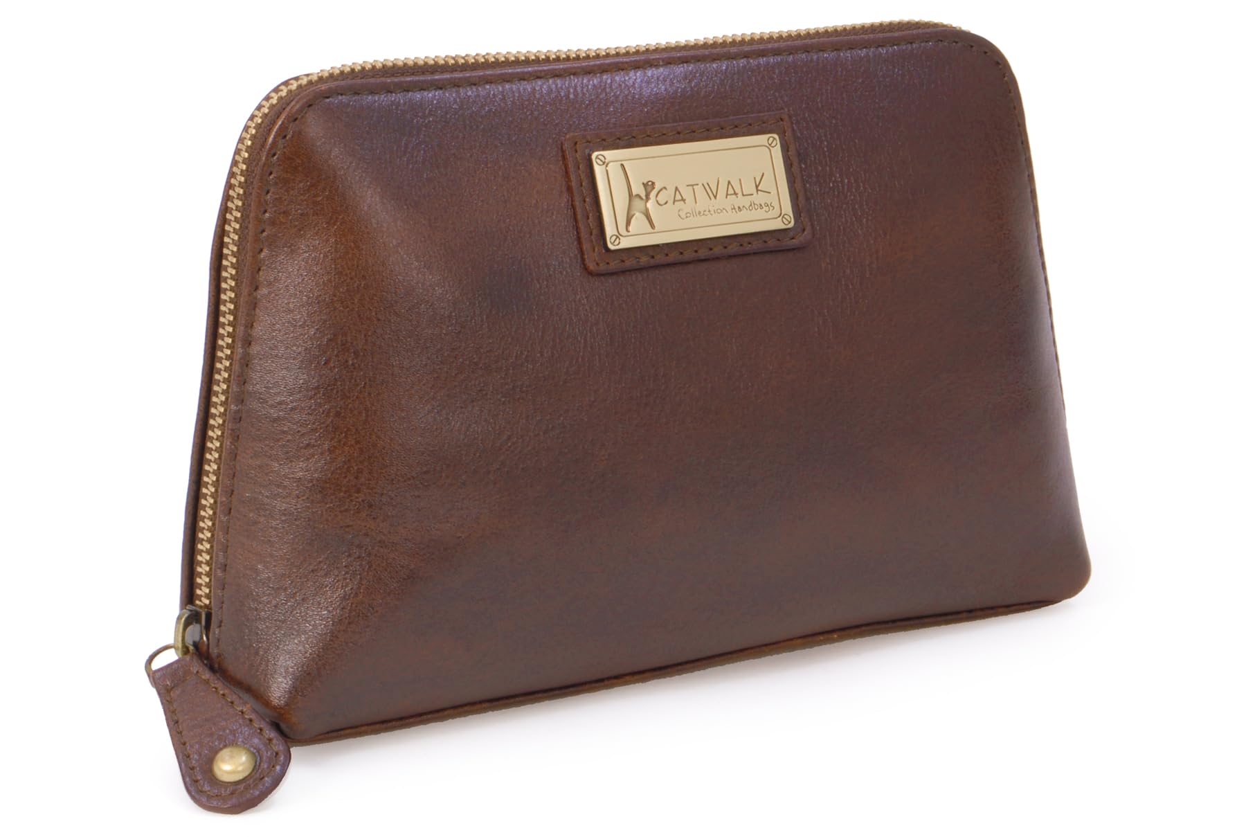 Catwalk Collection Handbags - Women's Leather Cosmetic Bag - Medium Travel Makeup Pouch - Make-Up Case - Emma - Brown