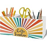 XLDLIOO Sunshine Gifts, Hello Sunshine Boho Pen Pencil Holder Organizer for Desk Accessories, Boho Abstract Colorful Sun Sunshine Wooden Box Sign Desk Decor for Home Bedroom Office Classroom Decor