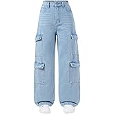 Floerns Girl's Elastic Waist Jean Cargo Pants Baggy Wide Leg Flap Pocket Denim Pants