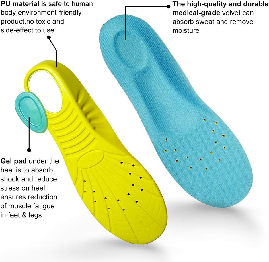 VoMii PU Memory Foam Insoles Plantar Fasciitis Arch Support Insoles for Women Men and Kids, Comfortable Breathable Sports Shoe Inserts, Shock Absorption and Relieve Foot Pain, M(Men 6-9/ Women 7-11): Health & Personal Care